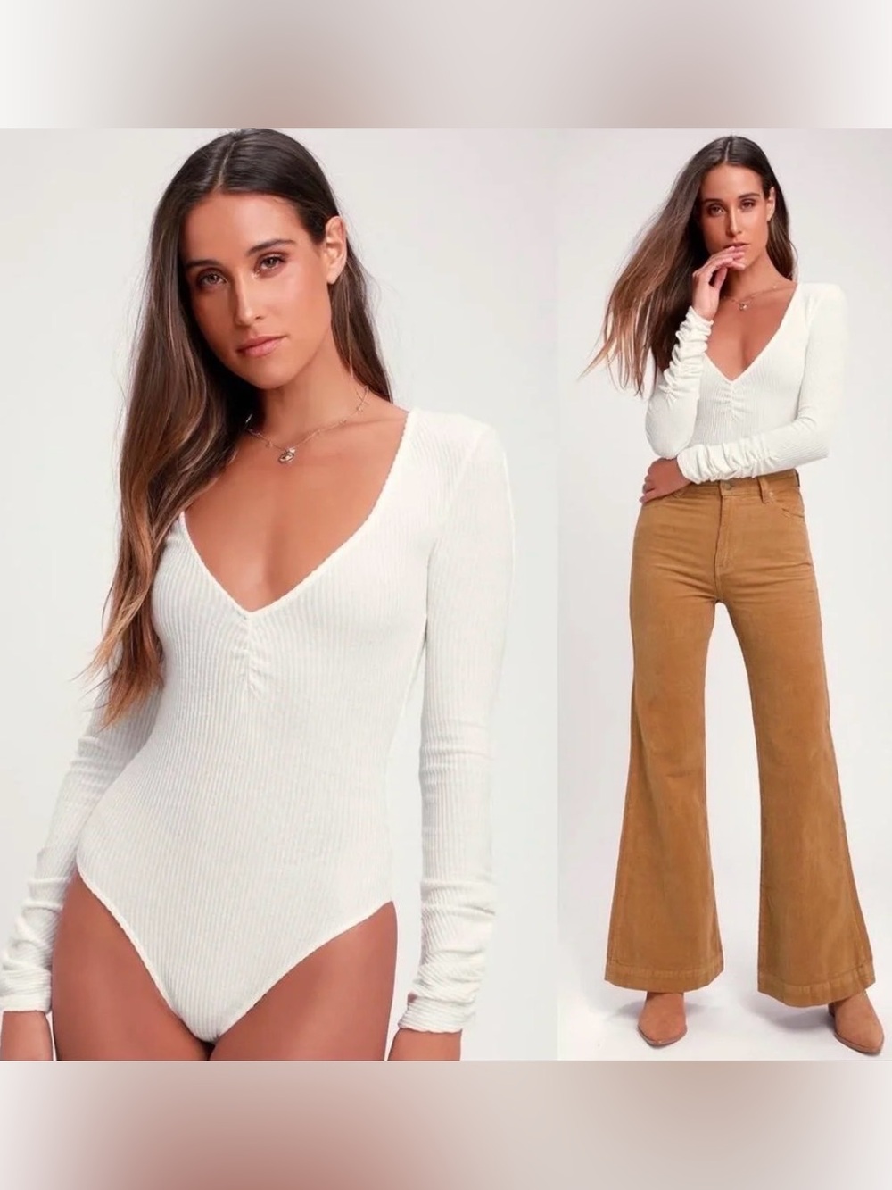 Free People Intimately Cozy Up With Me Ribbed V-Neck Bodysuit Sz L Balletcore